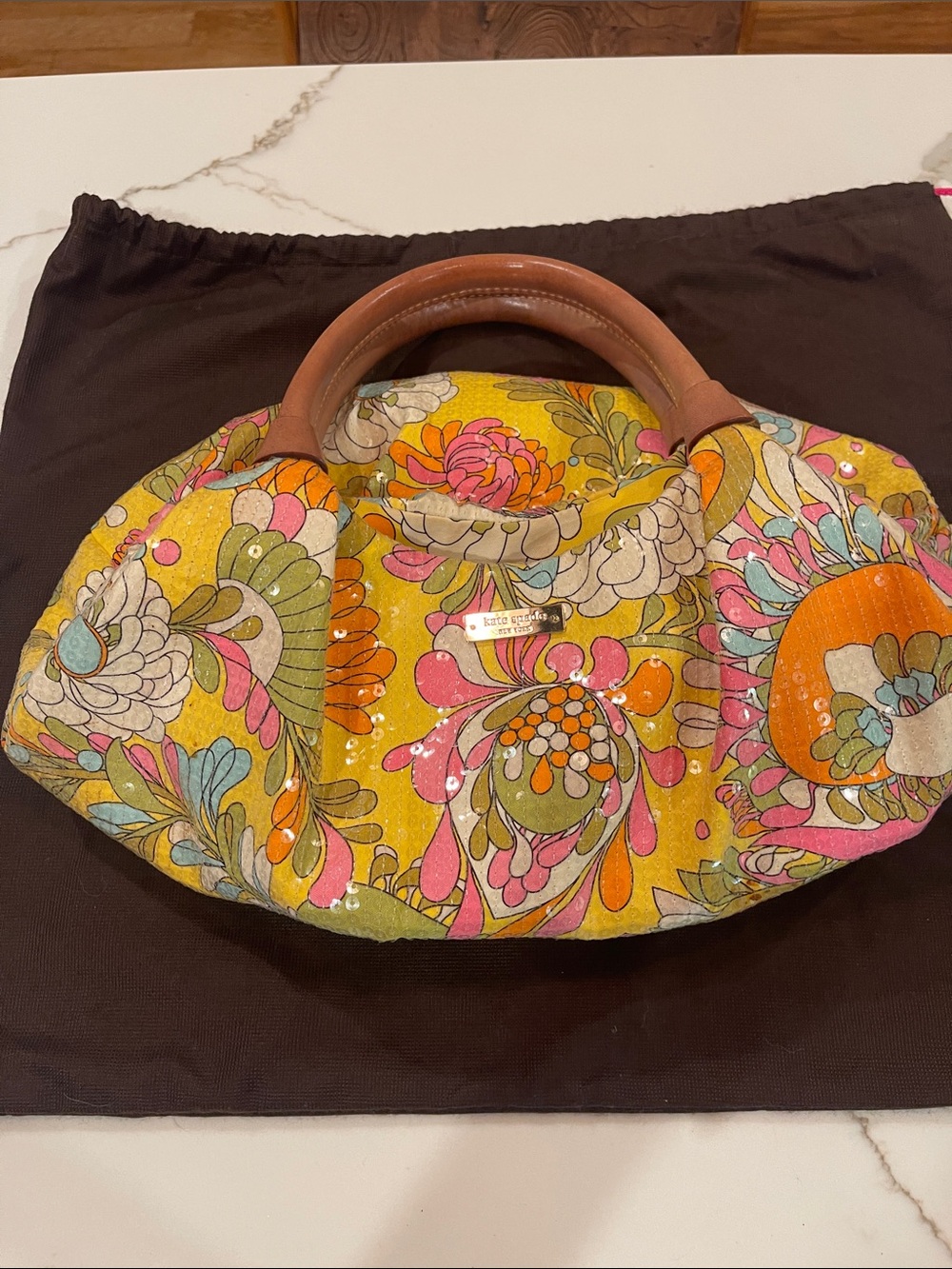 kate spade Yellow Floral Print Satchel with Brown Handles